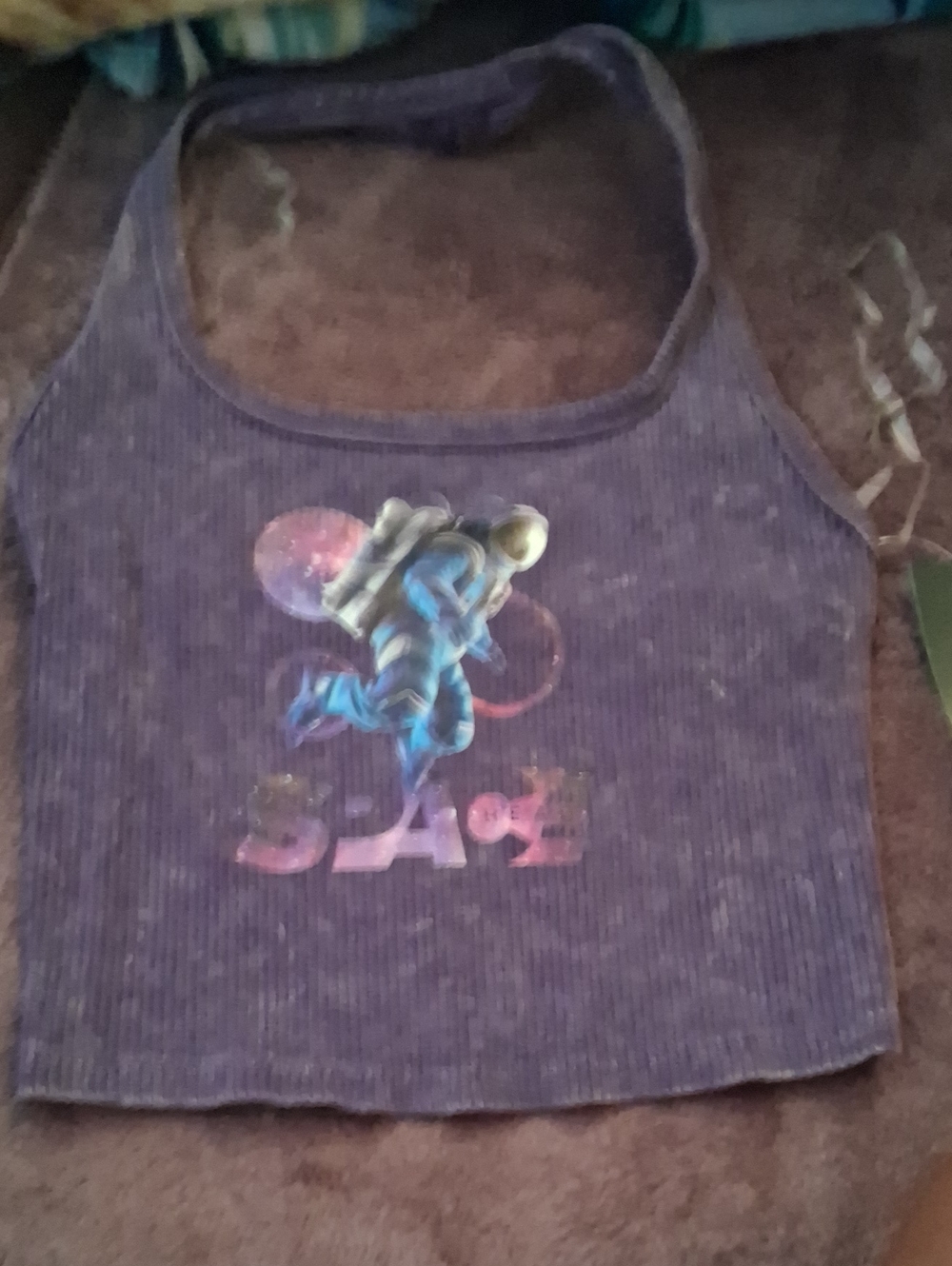 Purple Ribbed Tank with Astronaut Space Graphic